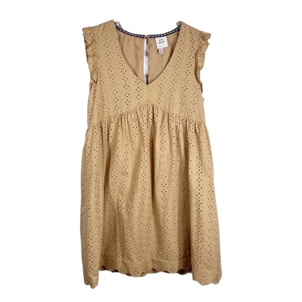 KNOX ROSE Boho Tan V-Neck Cotton Eyelet Dress Ruffle Cap Sleeve